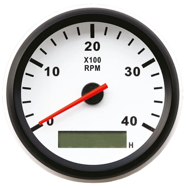 Tachometras su moto valandų skaitikliu 0–8000 aps./min, Ø85 mm, baltas ciferblatas, juodas apvadas, IP67