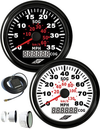 Spidometras su GPS, 0–60 km/h, Ø85 mm, 9–32 V, juodas rėmelis, juodas ciferblatas, IP67