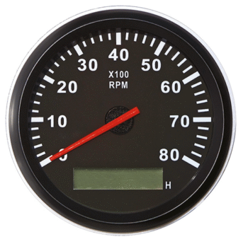 Tachometras su moto valandų skaitikliu 0–8000 aps./min, Ø85 mm, juodas ciferblatas, juodas apvadas, IP67