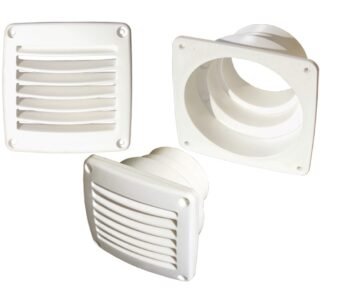 Plastikinės grotelės 112x112 mm su mova Ø70–100 mm žarnoms